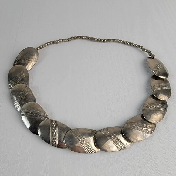 Antique Elgin American Etched Silver Plat Oval Link Necklace Statement 20.5 Inch - Picture 2 of 8